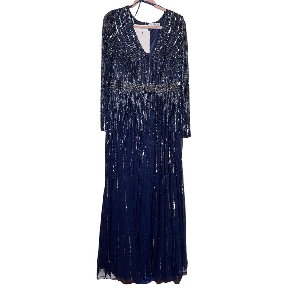Mac Duggal Sequined V-Neck Illusion Sleeve‎ Gown Dress Size 14 4977 $598